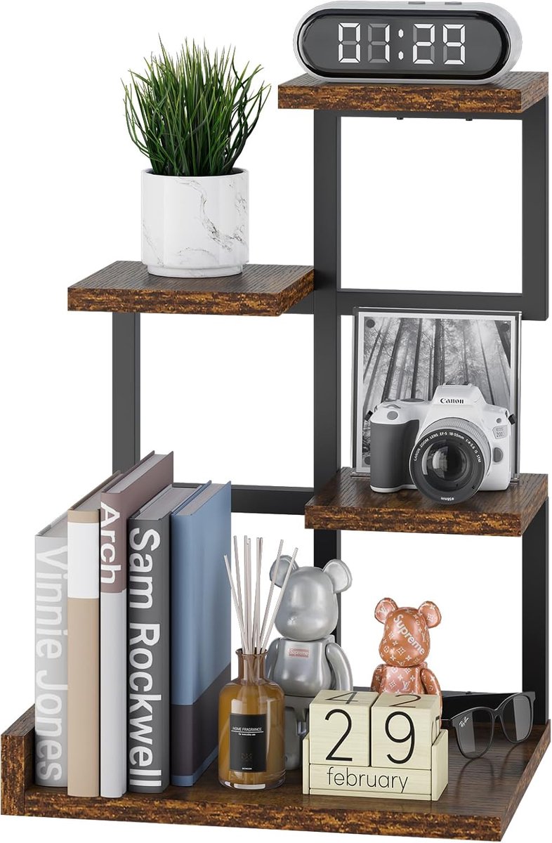 SnelShoppen - Houten Bureau Plank, 4 Laags Opbergrek, Desk Organizer, Boekenplank met Metalen Frame, 31x24x44.5cm, Rustiek Bruin, Voor Boeken, Planten