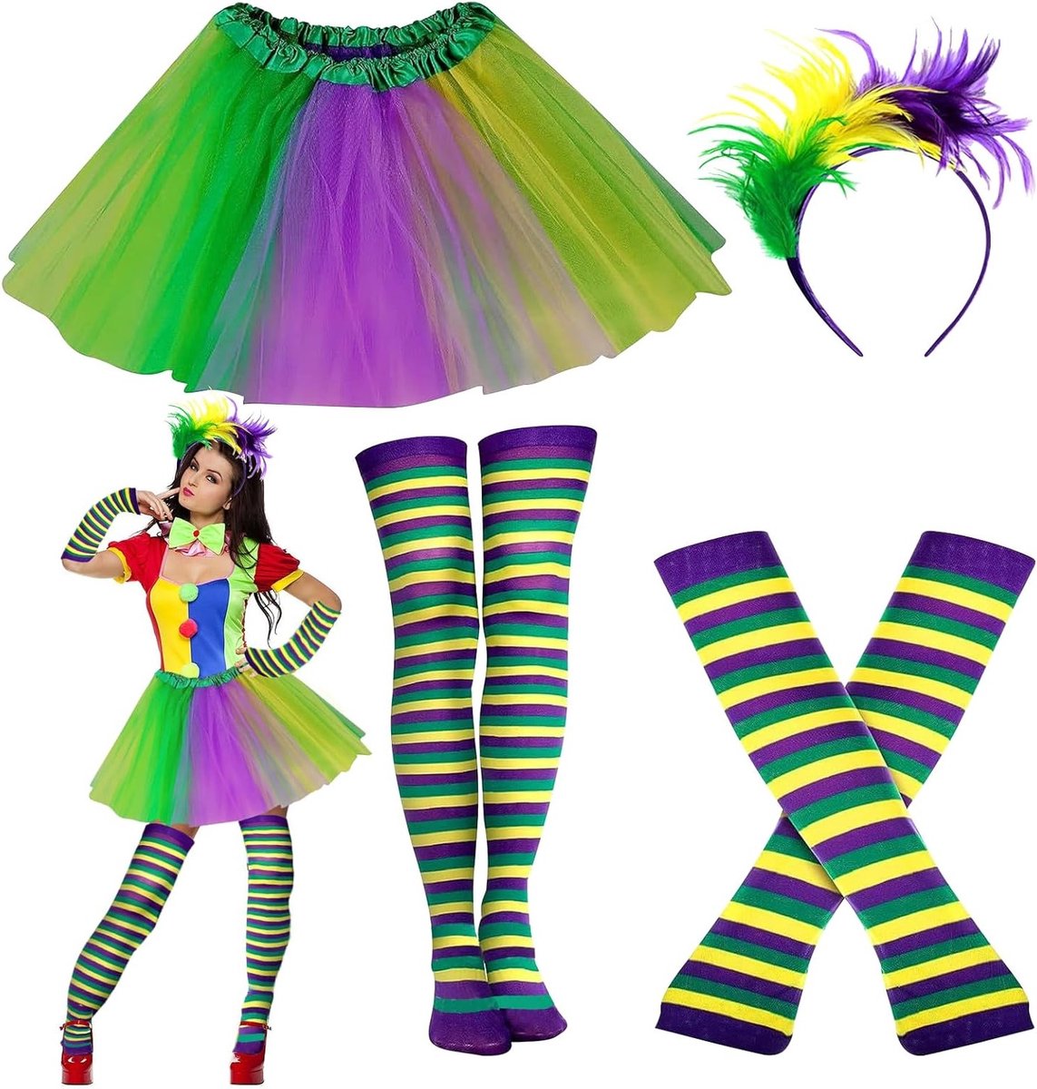 Kleurrijk 80s Kostuum voor Vrouwen met Neon Accessoires, Regenboog Tulle Rok, Handschoenen, Sokken en Haarjuwelen voor Halloween en Feestjes