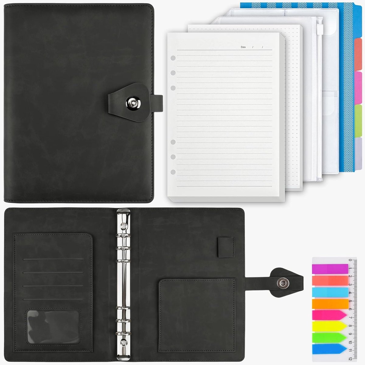 Thijox - PU-lederen A5 Ringband Notitieboek met 200 Vellen Navulpapier, 6-Rings Planner met Scheidingsbladen voor Kantoor, School en Reizen, Cadeau vo