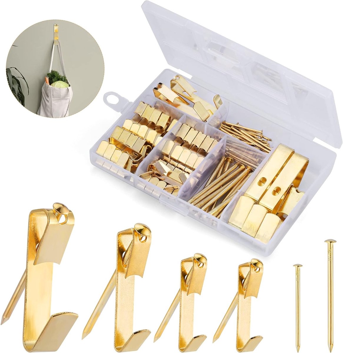 DazSpirit Gouden fotohaken, fotohangers, set (110 stuks), stalen haken en spijkers, ophanghaakjes, haken voor fotolijst voor thuis, kantoor, foto, schilderij, ophangen, fotobevestiging, foto's