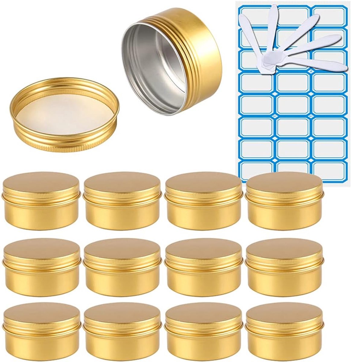 SnelShoppen - 30x 80ml Gouden Aluminium Lege Jars met Schroefdop - Perfect voor Cosmetica, Kaarsen, Zalf - Inclusief 5 Spatula's en 2 Labels