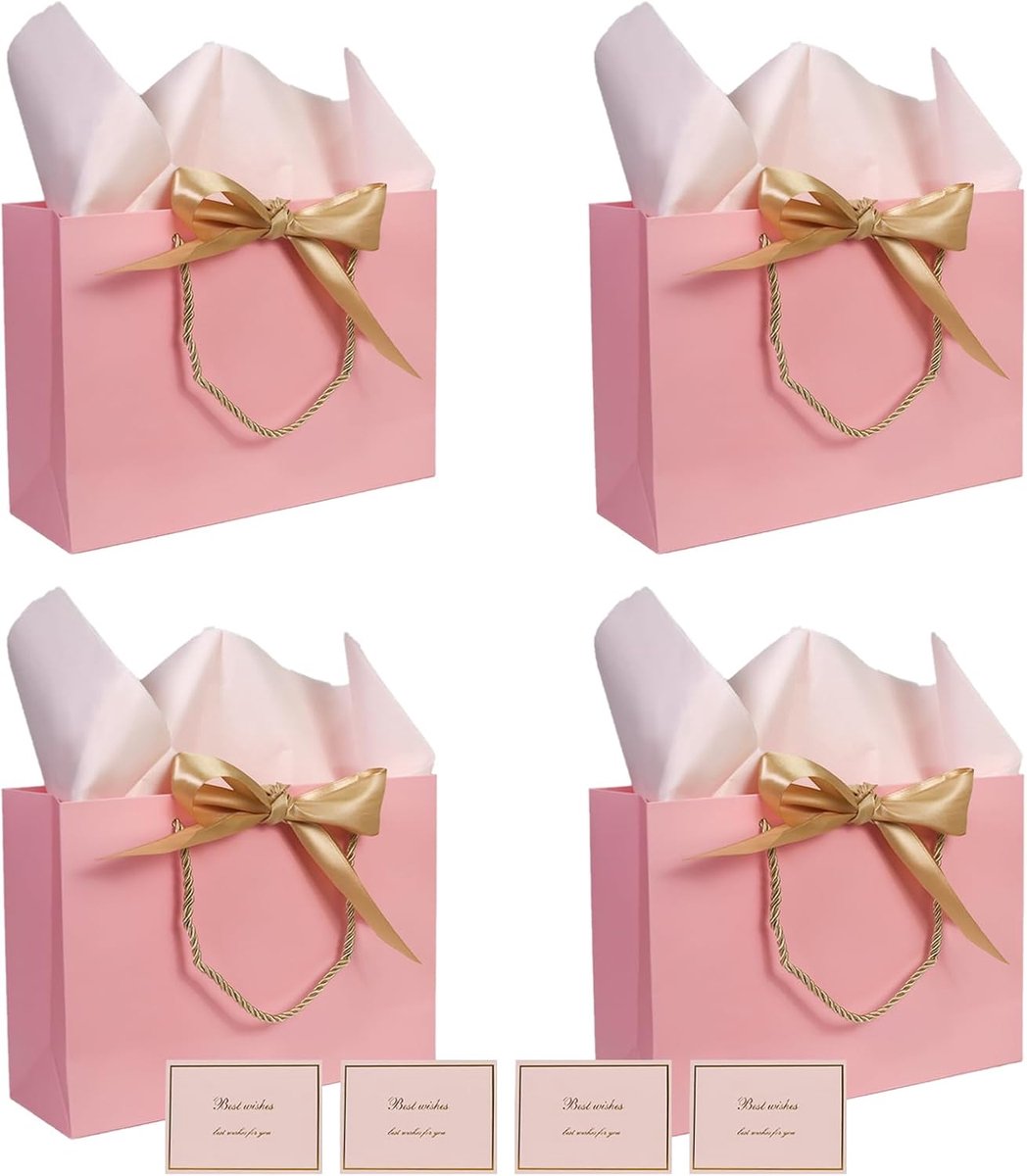 SnelShoppen - 4 Stuks Paper Gift Bags met Strik en Handvatten - Medium Cadeauzakken 28x20x9 cm - Roze - Inclusief 8 Vellen Zijdepapier en 4 Wenskaarte