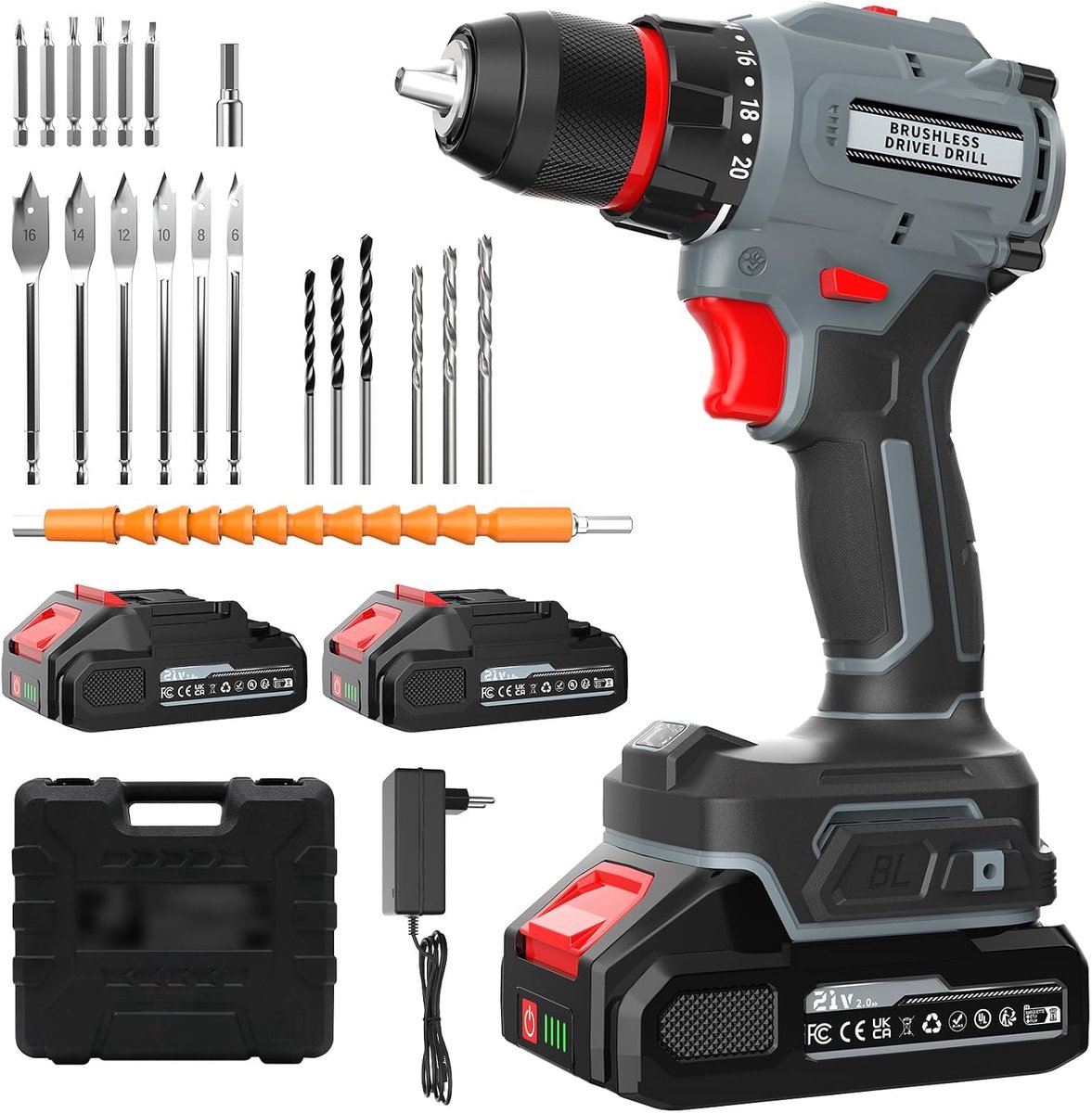 SnelShoppen - Borstelloze Accuschroevendraaier 21V met 2 Accu's 2,0 Ah, 55 Nm Koppel, 20+1 Draaimoment, LED-Licht en 10 mm Boorhouder voor Kluswerk en