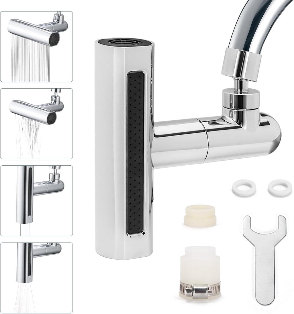 SnelShoppen - 4-in-1 360° Waterfall Keuken Kraan Hoofd Vervanging met 2 Adapters en Sleutel, Spatvrij Keuken Extender, Draaibare Kraan Aerator Aanslui