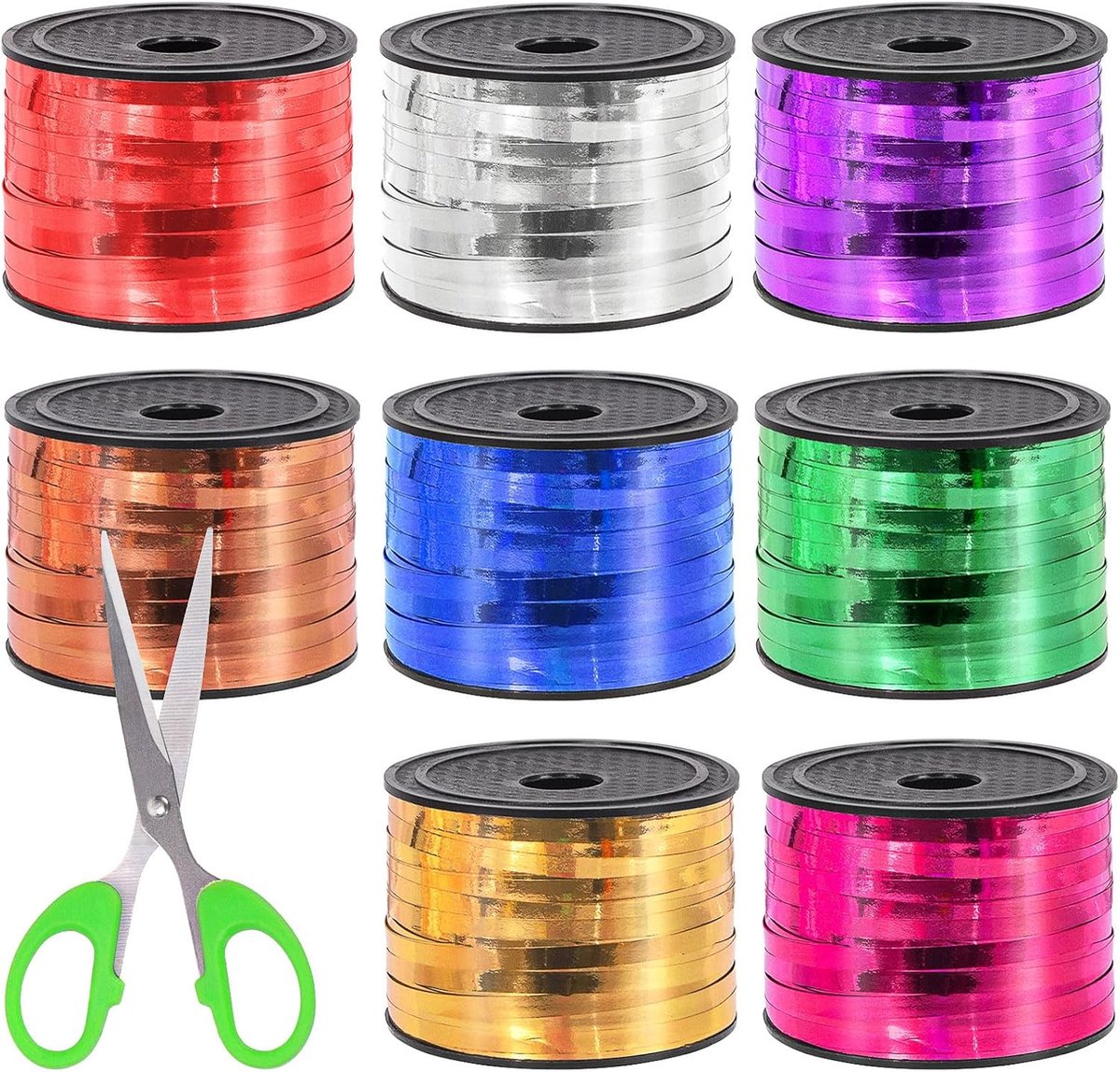 SnelShoppen - 9-delige Set Kerst Ribbons met Schaar - 100m Lange Curling Ribbons in 8 Kleuren - Perfect voor Cadeau Verpakking, Feesten, Decoratie en