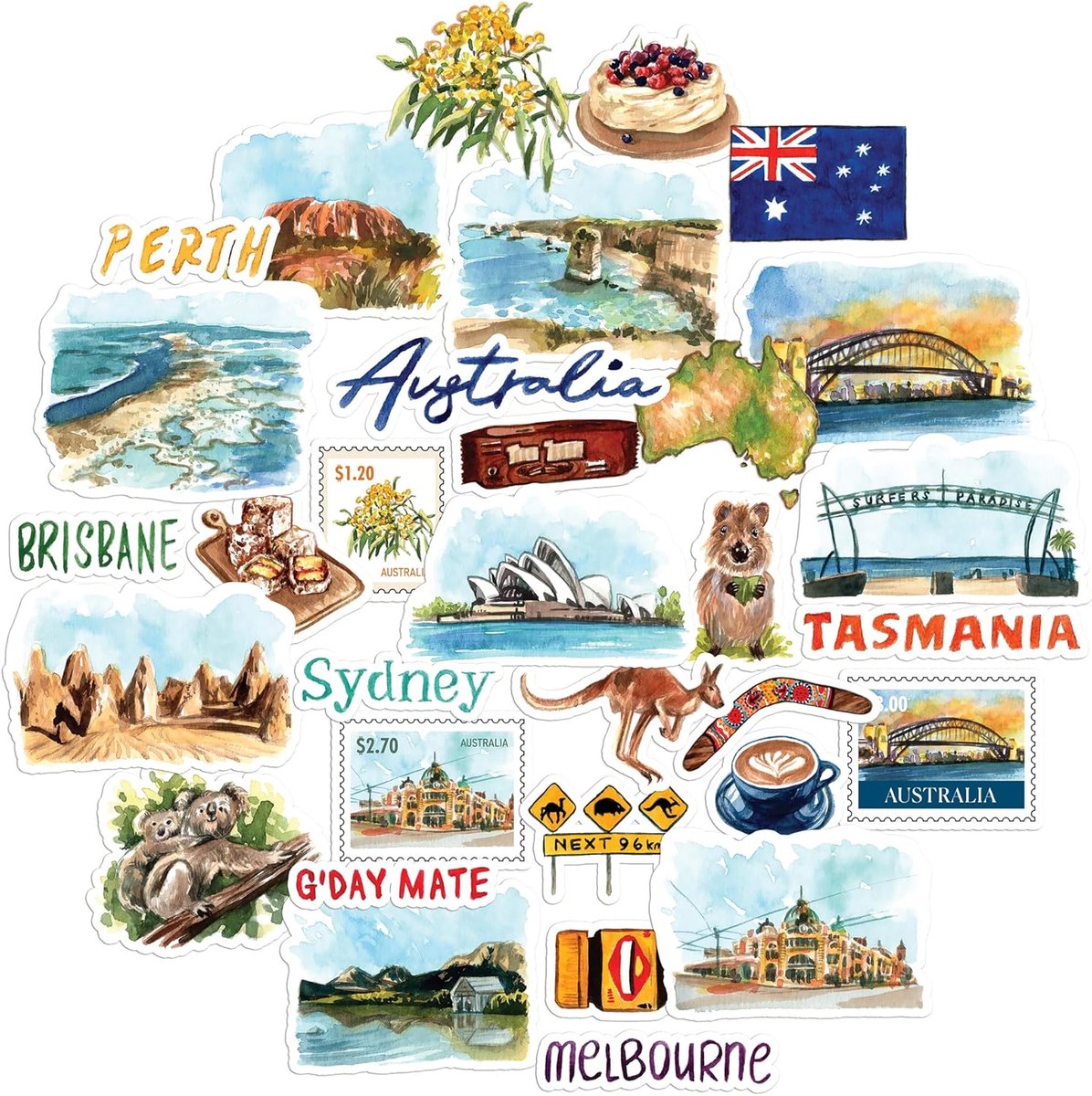SnelShoppen - 32 Stuks Travel Stickers Australië - Watercolor Design - Voor Scrapbooks, Journals, Creatieve Projecten, Vakantie, Reizen, Kleurenschema