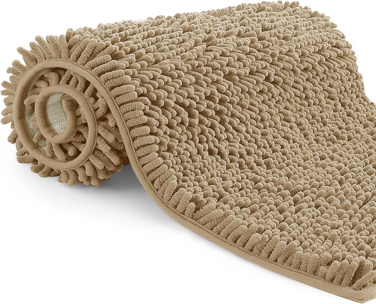 SnelShoppen - Poligono Antislip Badmat 40x60cm - Zachte Badkamerkleed - Langharige Badmat - Khaki - Ideaal voor Douche en Bad