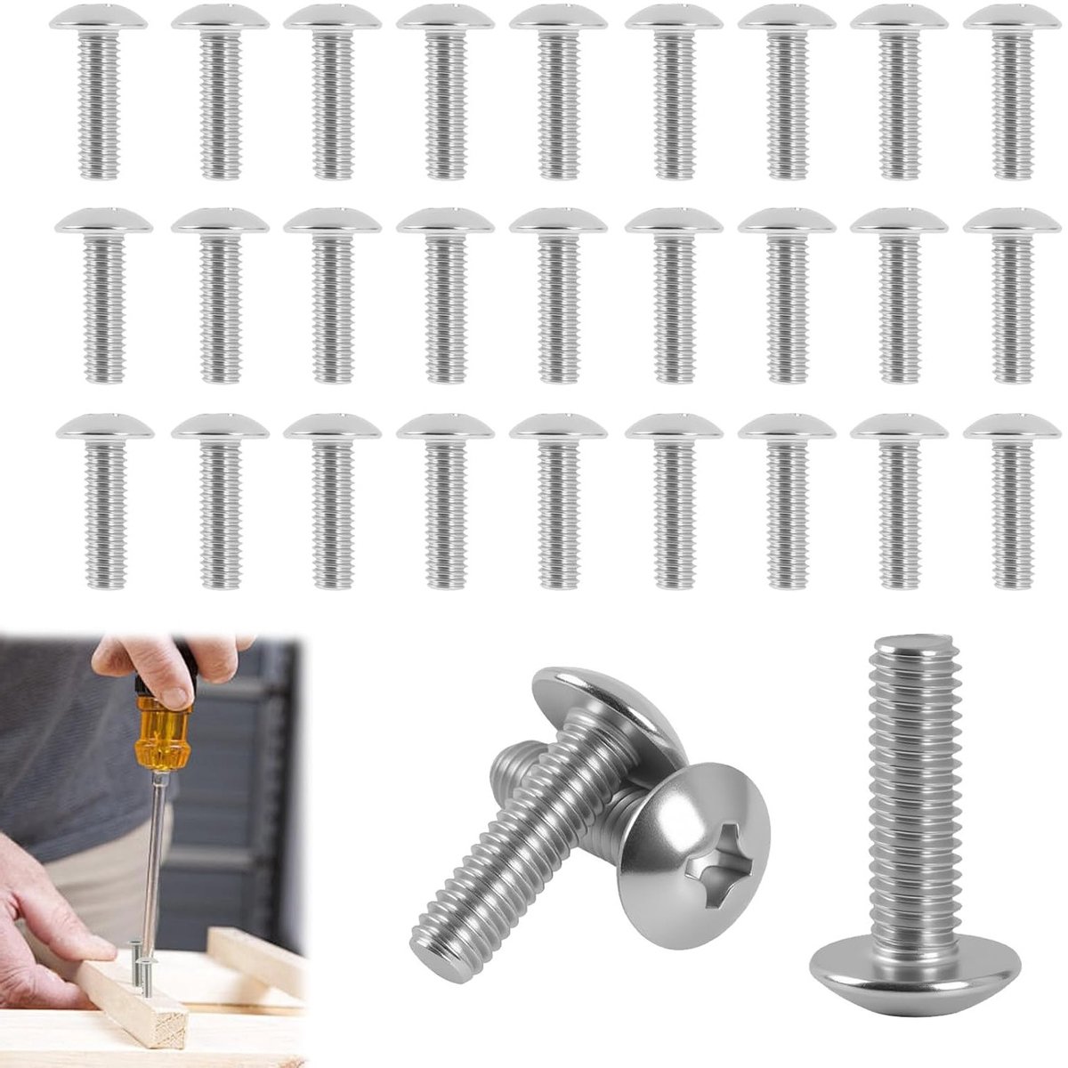 30 stuks M6 lenskopschroeven met flens en binnenzeskant, roestvrij staal A2, voor meubels en machines, volledige schroefdraad, ISO 7380-2, doe-het-zelf projecten