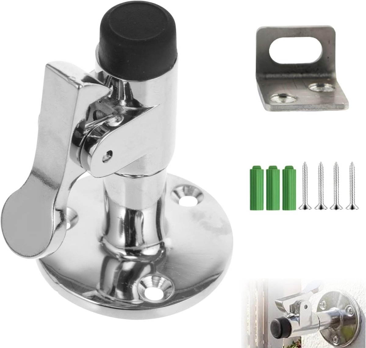 SnelShoppen - RVS Deurstoppers voor Buiten, Wand Bevestigde Deurstopper voor Tuindeuren, Garagedeuren & Zware Deuren, Windbestendig met Rubber Buffer
