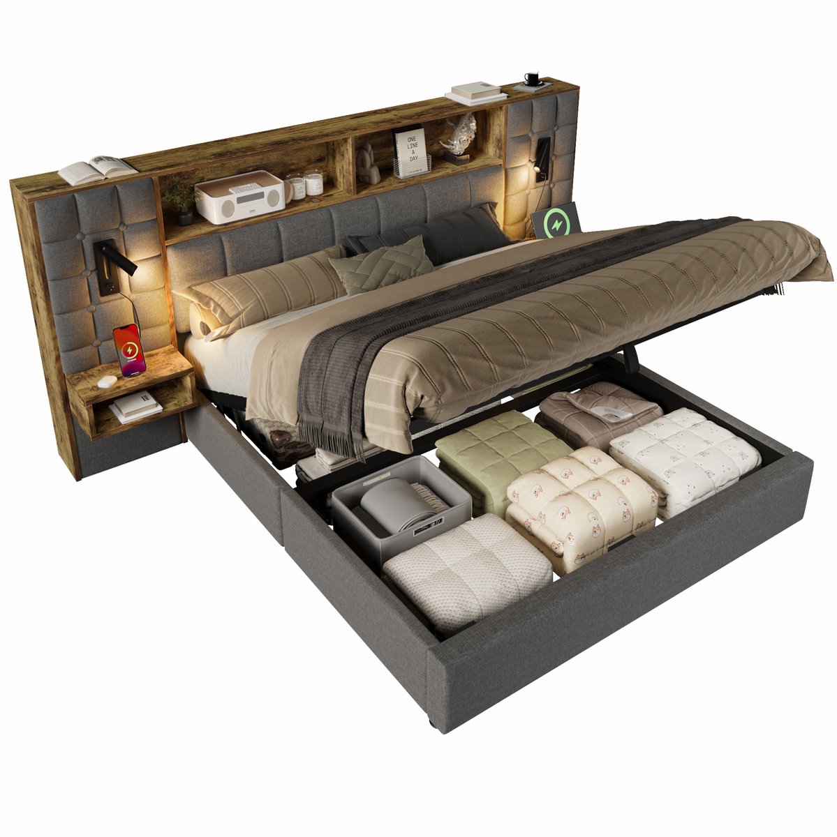 COVREO Bed 180x200 cm - met opbergruimte, leeslampen, USB en Type-C, grijs