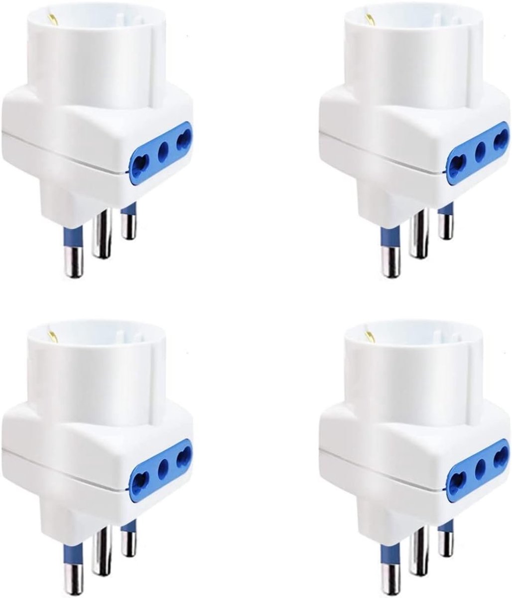 SnelShoppen - Pack van 4 Triple Adapters 10A en 16A, Schuko Stekkers, Meerdere Stopcontacten, Wit, Voor Thuis, Camping, Tuin en Keuken