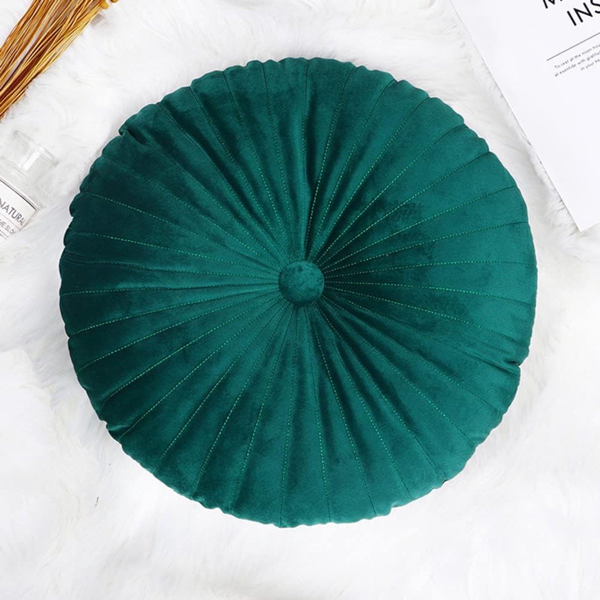 SnelShoppen - Donkergroene Ronde Velvet Pompoen Kussen - 34.7 cm - Luxe Decoratie voor Woonkamer, Bank, Bed, Vloer - Superzacht en Comfortabel