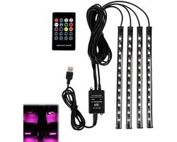 Sfeerverlichting Auto Interieur USB RGB LED Strips - 4 Delig, Met Afstandsbediening & 8 Kleuren