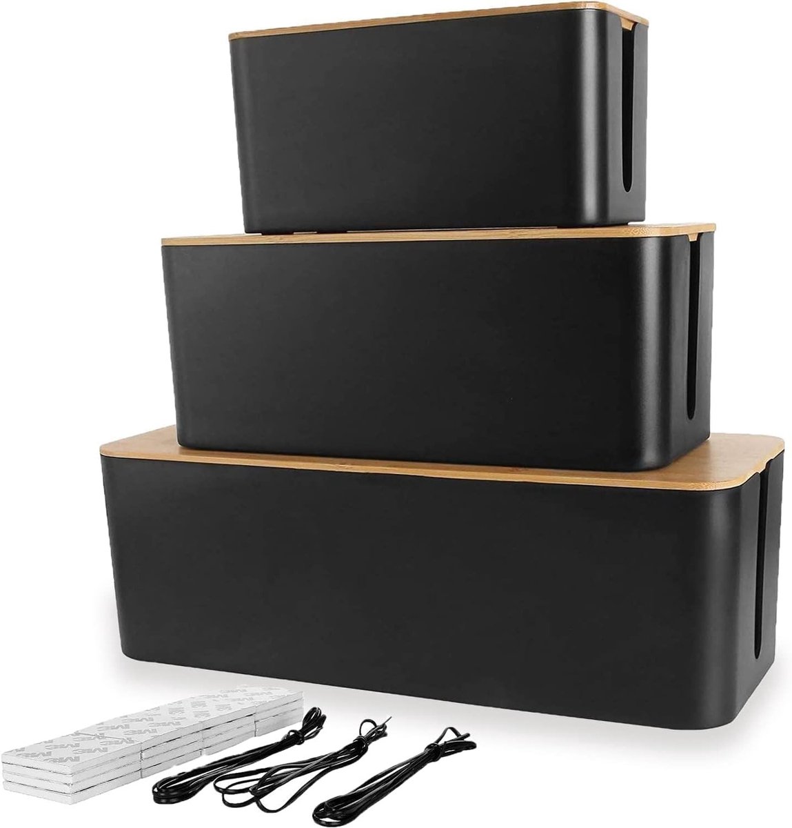 3-delige Houten Kabeldoos Set - Kabelbeheer Box voor Bureau, Snoer Organizer en Kabelmanagement Oplossing