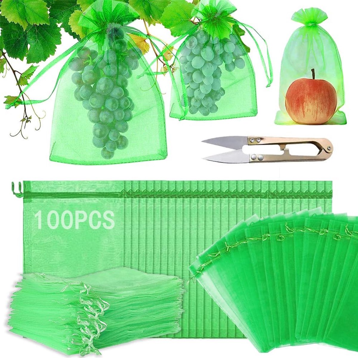 SnelShoppen - Trauben Beschermzakken 100 stuks - Fruit Beschermzakken 20x30 cm - Met Trekkoord - Tuinbescherming Tegen Wasp, Fruitvlieg en Vogels