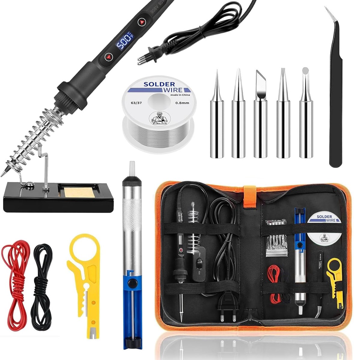 SnelShoppen - Soldering Iron Set 80W LCD Temperatuurregeling 180-500°C met Aan/Uit Schakelaar, 5 Soldering Tips en 50g Solderdraad voor Precisie Solde