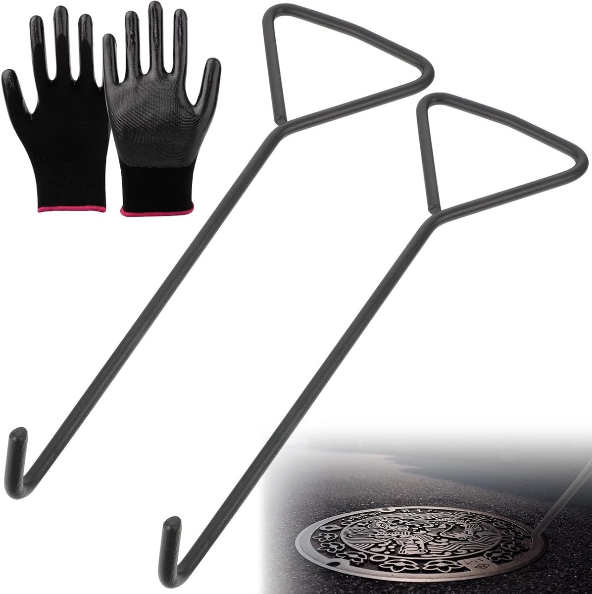 2 Stuks 25 cm Duct Lid Lifter met Gloves, Ideaal voor Gully Deksel en Rolpoorten, Handige Haak met Driehoekige Handgreep en Schacht