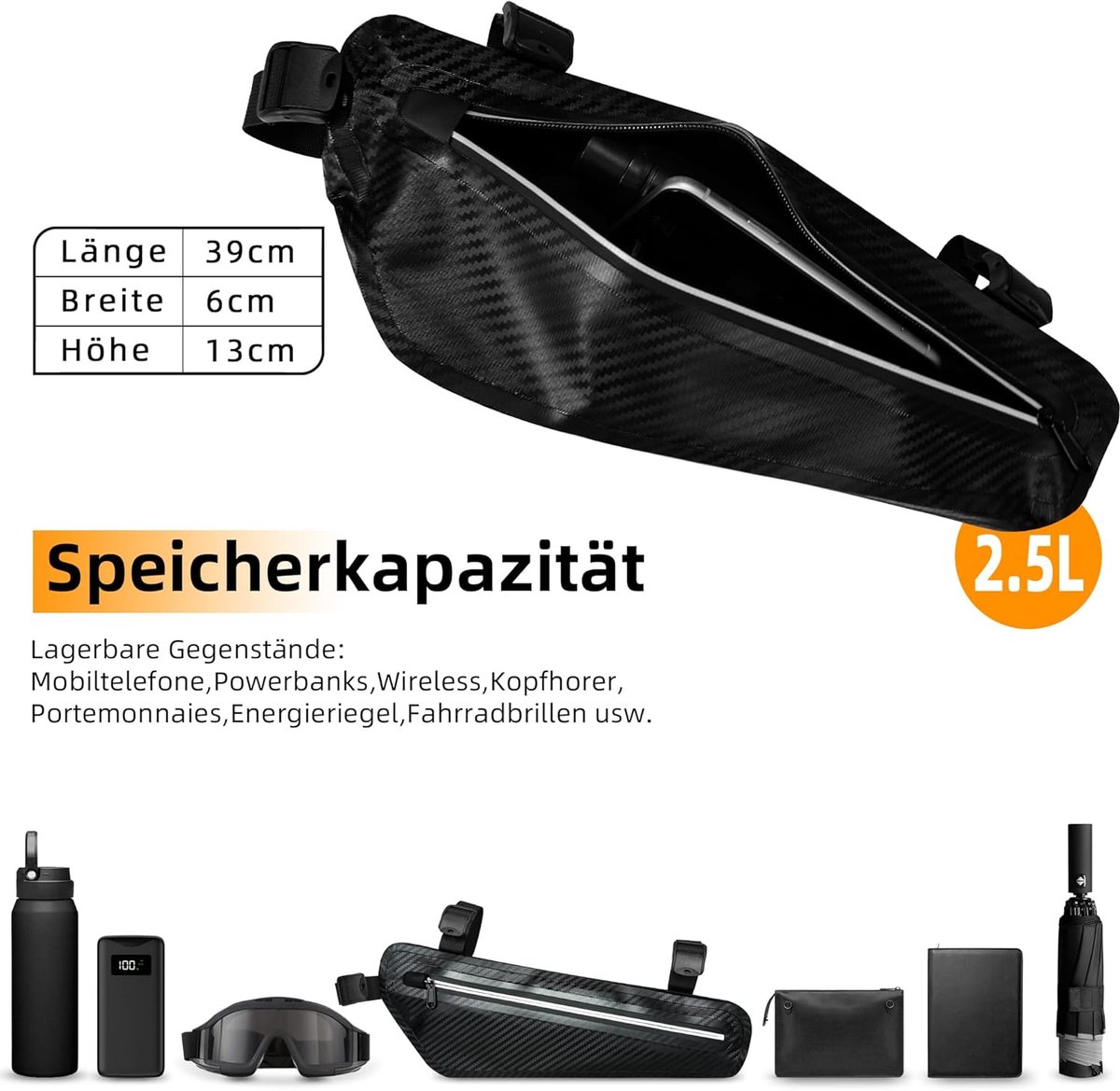 SnelShoppen - Fietstas Frame Bag - Waterdichte Zwarte Nylon Fietstas 30x8x18 cm - Universele Bevestiging - Ideaal voor Gereedschap, Snacks en Smartpho