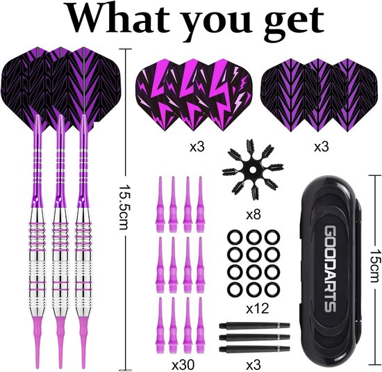 SnelShoppen - Professionele Dart Flights met Plastic Tips, 18g, 3 Stuks, Soft Darts voor Elektronische Dartborden, Inclusief 30 Plastic Dart Tips, 6 F van Snelshoppen — afbeelding 2