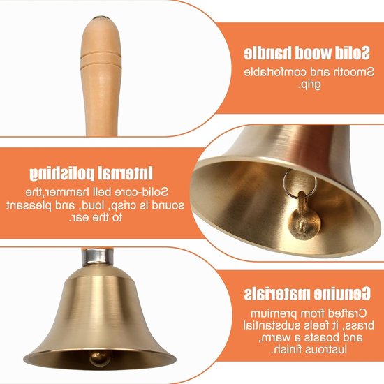 ONF3 - Gouden Bell - Handbel met Houten Handgreep - 15 cm Massief Messing - Geschikt voor School Kerk en Bruiloft - Elegante Geluidservaring — afbeelding 2