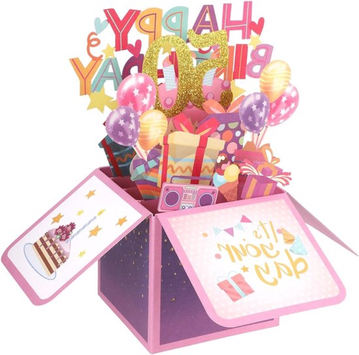 Verjaardagskaart Pop-Up 3D-Boxed, Vrolijke Wenskaartcadeaus in Veelkleurige Verpakking met Enveloppen - Voor Familie en Vrienden - Feestelijk Design (50e verjaardag)