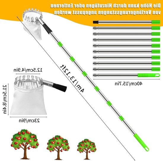Fruitplukker - Appelplukker - Lange fruitpluktool met telescopische steel - Fruitgrijper met telescopische steel en opbergtas - fruitpluktool voor kersen, bessen, sinaasappels, peren, citroenen - Snoeigereedschap — afbeelding 2