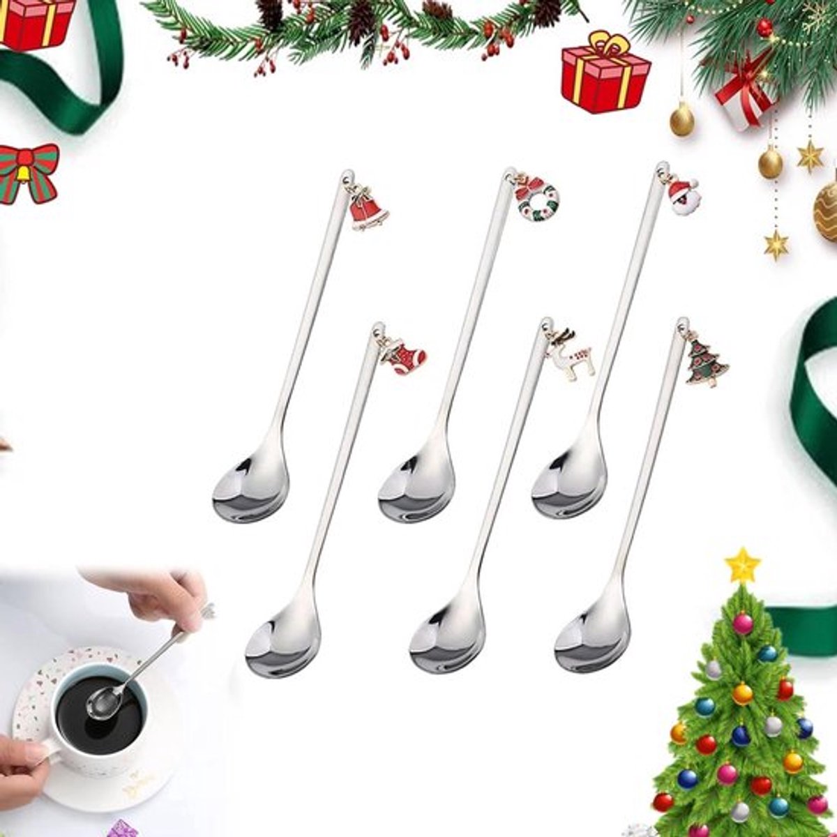 Koffielepel set voor kerst, 6-delige roestvrijstalen servies met kersthangers, kerstthema lepels.