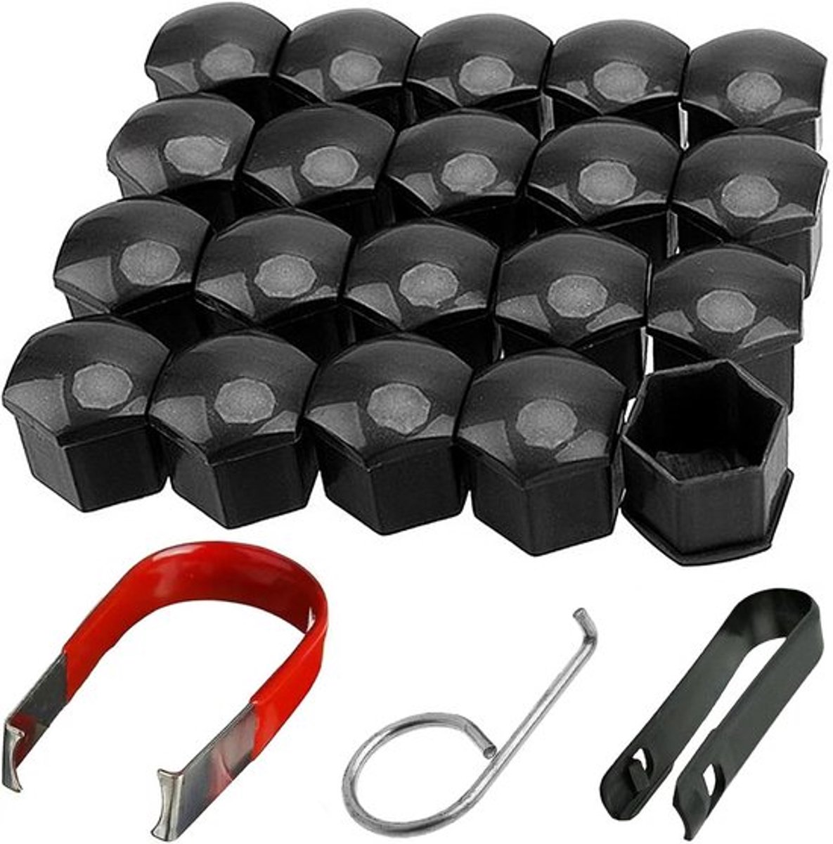 Plus - Set van 20 zwarte wielmoer doppen 17mm inclusief verwijdergereedschap