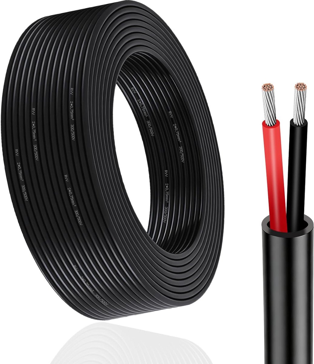 SnelShoppen - 2 Draad Ronde Kabel 2 x 0.75 mm², 10 m, Rood/Zwart Elektrische Kabel voor 12V/24V Voertuigen, Boot, Aanhanger Achterlichten, Tinned Copp