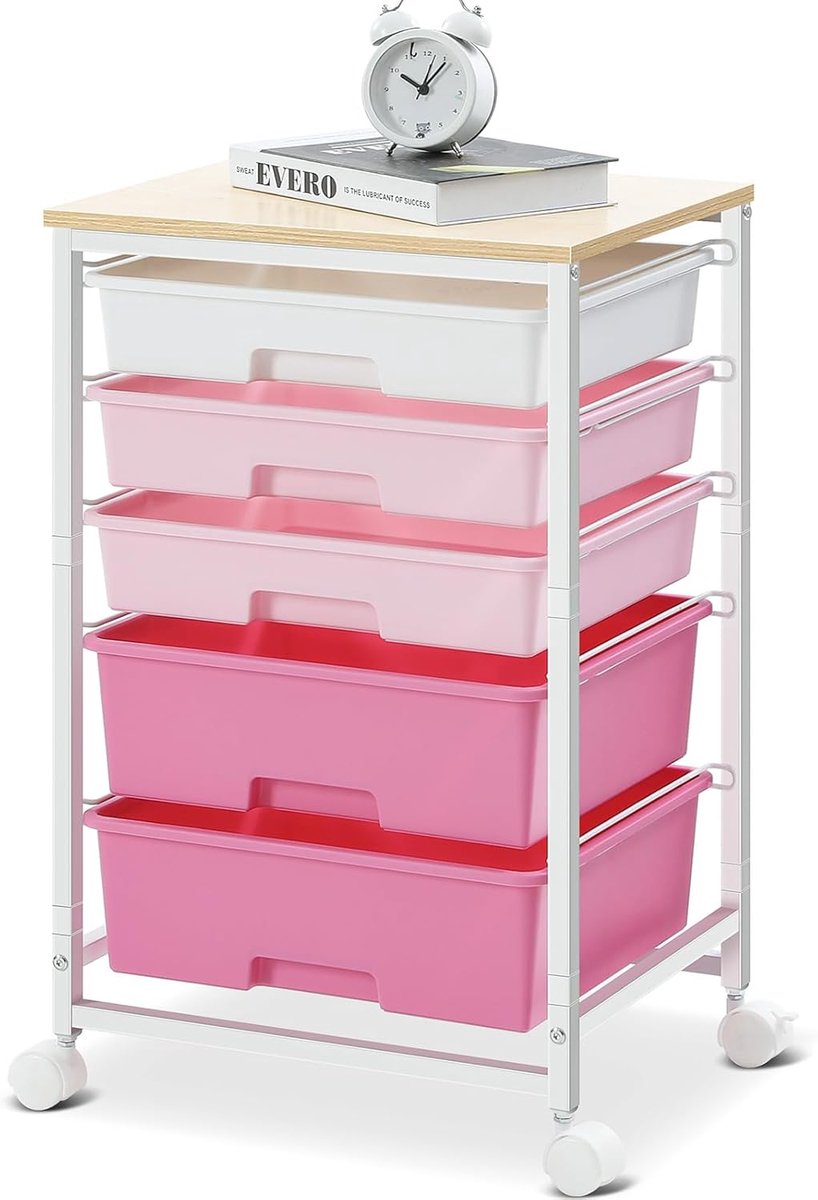 SnelShoppen - Trolley met 5 Lades, Keuken Trolley op Wielen met Houten Bovenblad, Rollcontainer voor Keuken, Woonkamer, Slaapkamer, Kantoor, Roze
