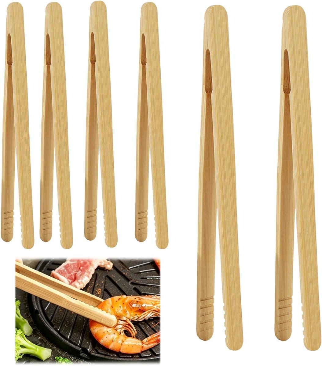 6-delige bamboe tang 17 cm voor broodrooster en BBQ, herbruikbaar kookgerei voor serveren van brood, kaas en fruit