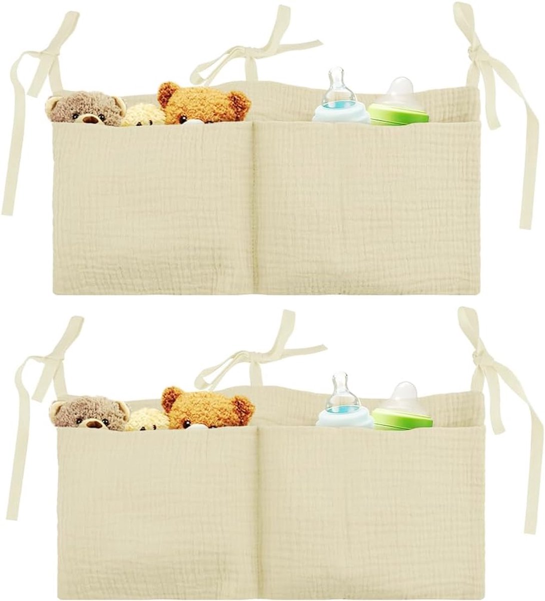 SnelShoppen - 2 Pcs Baby Bed Organiser Hangend - Witte Katoenen Bedtas voor Ledikant en Verschoontafel - Grote Organizer voor Luiers en Speelgoed - Ba
