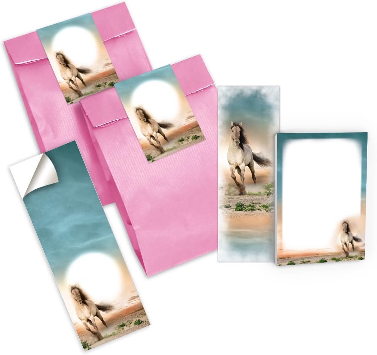 SnelShoppen - 6 Paarden Feestgeschenken Bookmark Notitieblokjes Stickers Cadeautasjes voor Meisjes op Kinderfeestje - Roze