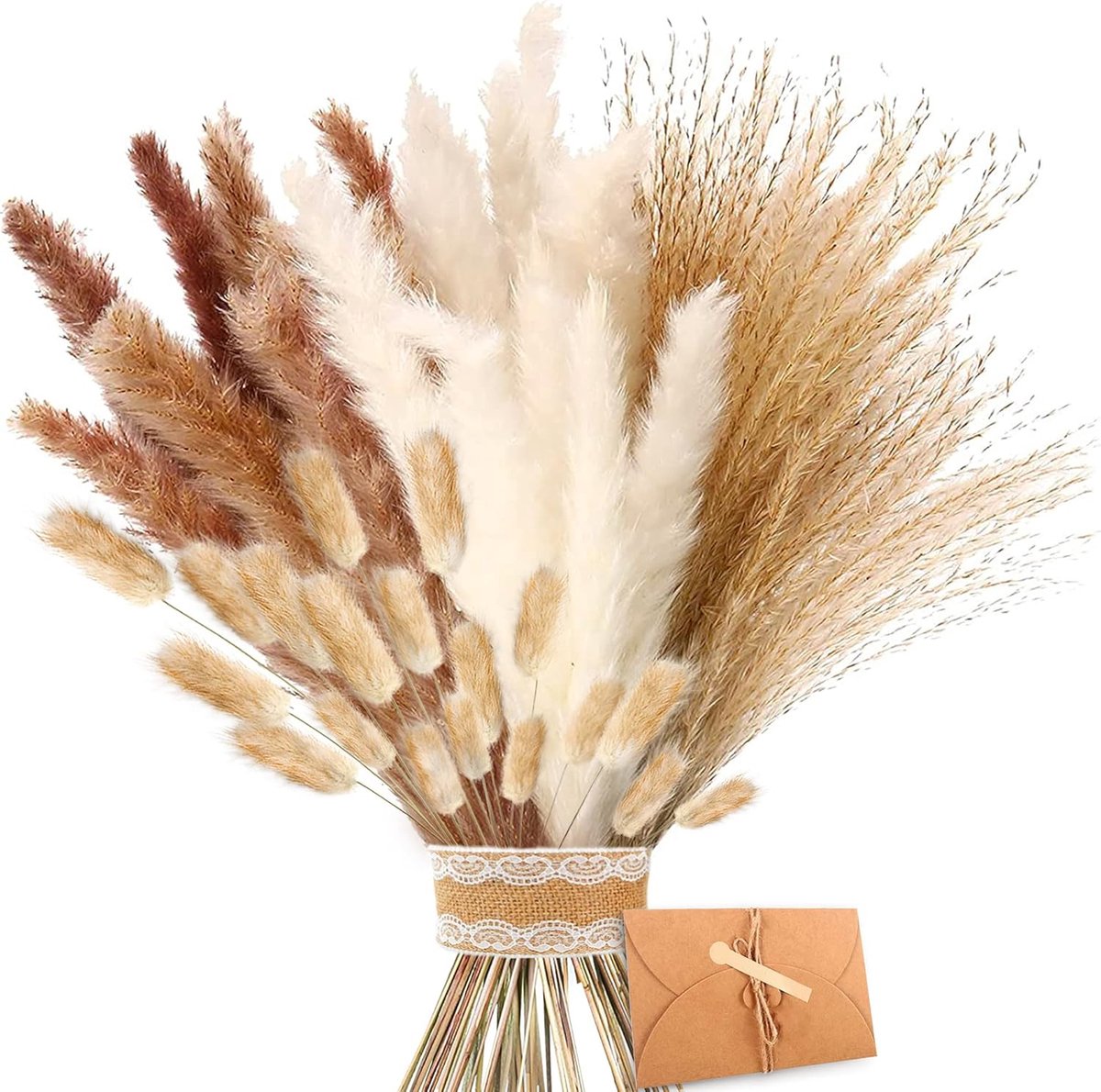 SnelShoppen - Dried Pampas Grass - Natuurlijke Drogen Bloemen, Bruin, Wit Fluffy Pluimen, Lagurus en Sedge Droogboeket voor Bloemarrangementen en Thui