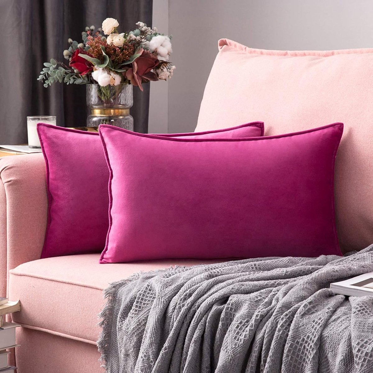 SnelShoppen - Set van Twee Velvet Decoratieve Kussenhoezen 30x50 cm - Luxe Roze Fluwelen Kussens voor Woonkamer, Slaapkamer - Met Verborgen Rits