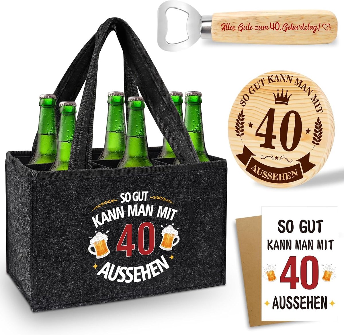 SnelShoppen - 40e Verjaardag Cadeau Man - Handtas voor Bierflessen - Vilt Flessentas voor 6 Flessen - Inclusief Flesopener, Coaster en Houten Wenskaar