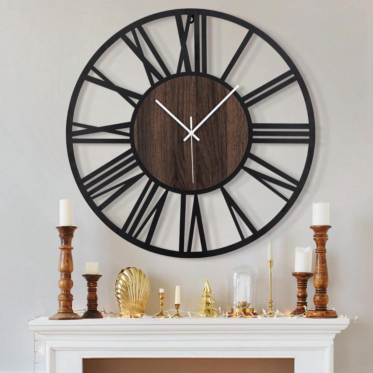 SnelShoppen - Grote Ronde Wandklok 50cm Zwart Hout, Vintage Stijl, Romeinse Cijfers, Stil, Geen Tikkende Geluiden, Decoratie voor Woonkamer, Tuin, Kan