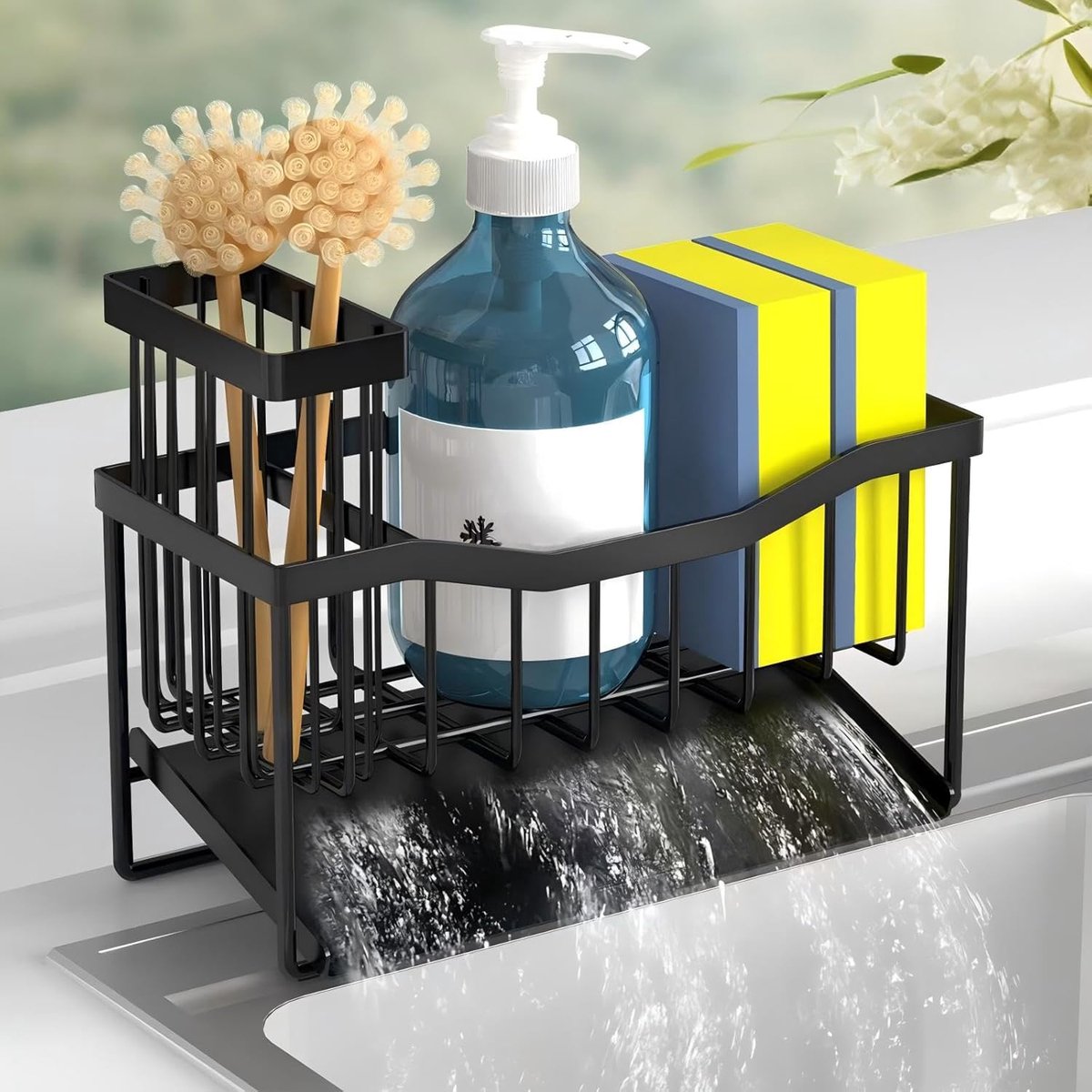 SnelShoppen - Maifan Sink Caddy Sponge Holder met Borstelhouder en Roestvrij Stalen Zelf Drain Tray, Keuken Organizer voor Spons en Zeep Dispenser, St