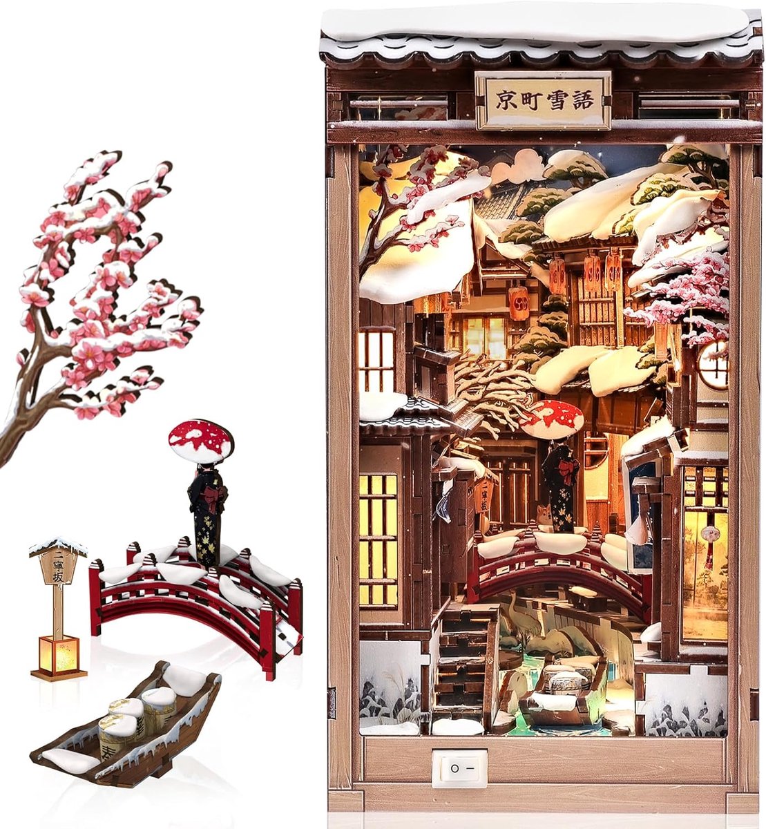 SnelShoppen - Kyoto DIY Boek Nook Kit - Japanse Miniatuur Huis met LED, 3D Houten Puzzel voor Volwassenen, Boekenplank Decoratie en Cadeau