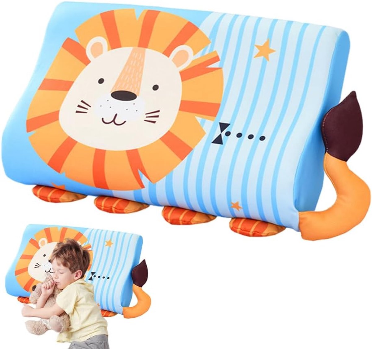 SnelShoppen - Ergonomisch Memory Foam Kussen voor Kinderen, 45 x 27 cm, Leuk Leeuw Design, Geschikt voor 2 en 3 Jaar, Kinderen Kussen met Hoofdkussenh