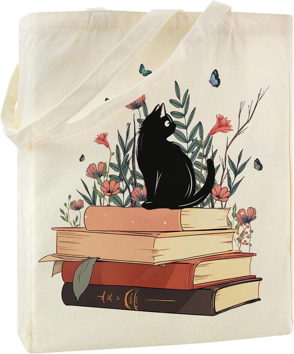 Thijox - Tote Bag Canvas voor Dames, Boodschappentas met Kat en Bloem, 38x42x8 cm, Herbruikbare Gymtas, Boekentas, Strandtas, Cadeau voor Vriendin of