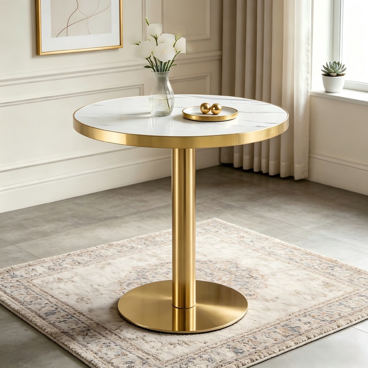 DESMIU Bijzettafel - Ronde Marmerlook Tafel Met UV-Coating - Modern Voor Woonkamer En Slaapkamer - MDF En RVS - 60x60x74 Cm - Wit Goud