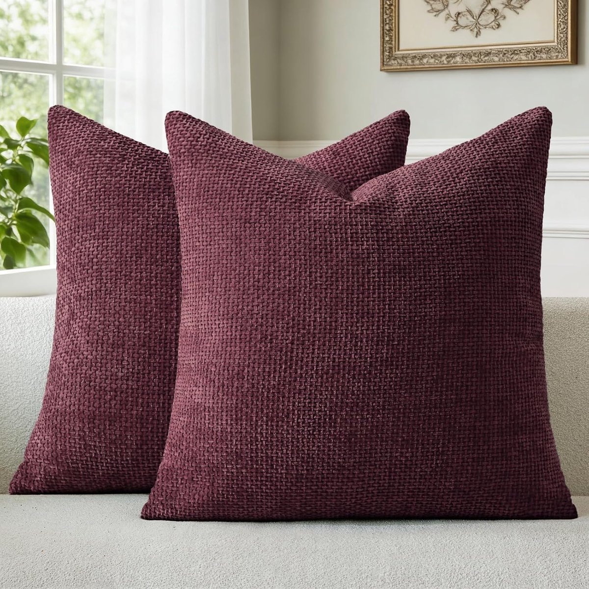 SnelShoppen - Set van 2 Chenille Kussenhoezen 50x50 cm Wijnrood, Zachte Fluffy Decoratieve Kussens met Verborgen Rits, Wasbare Kussens voor Bank, Woon