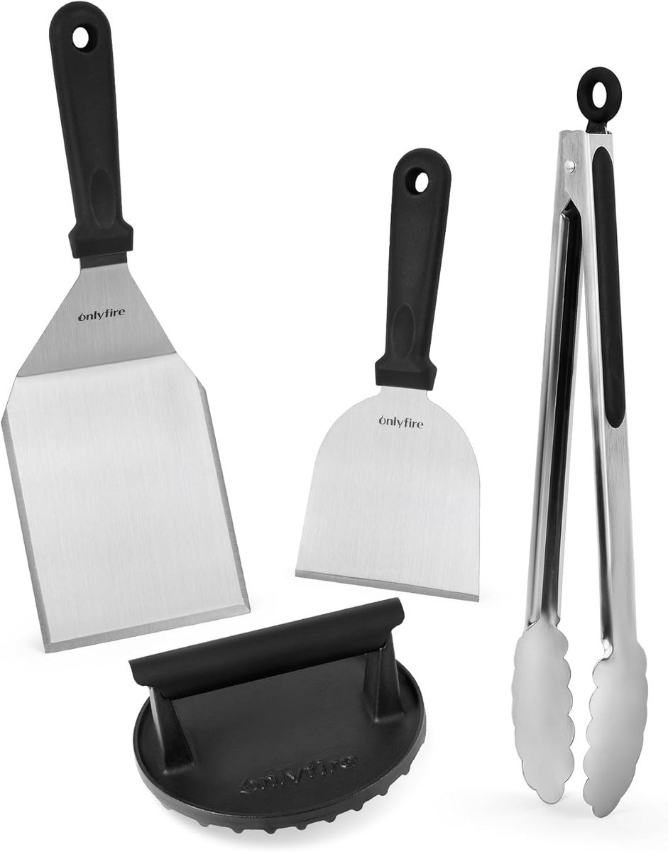 SnelShoppen - Professionele Grill Spatel Set met Gietijzeren Hamburger Pers, Grill Tangen en 2 Grill Spatels, 4-delige Set voor Grillplaat, Teppanyaki