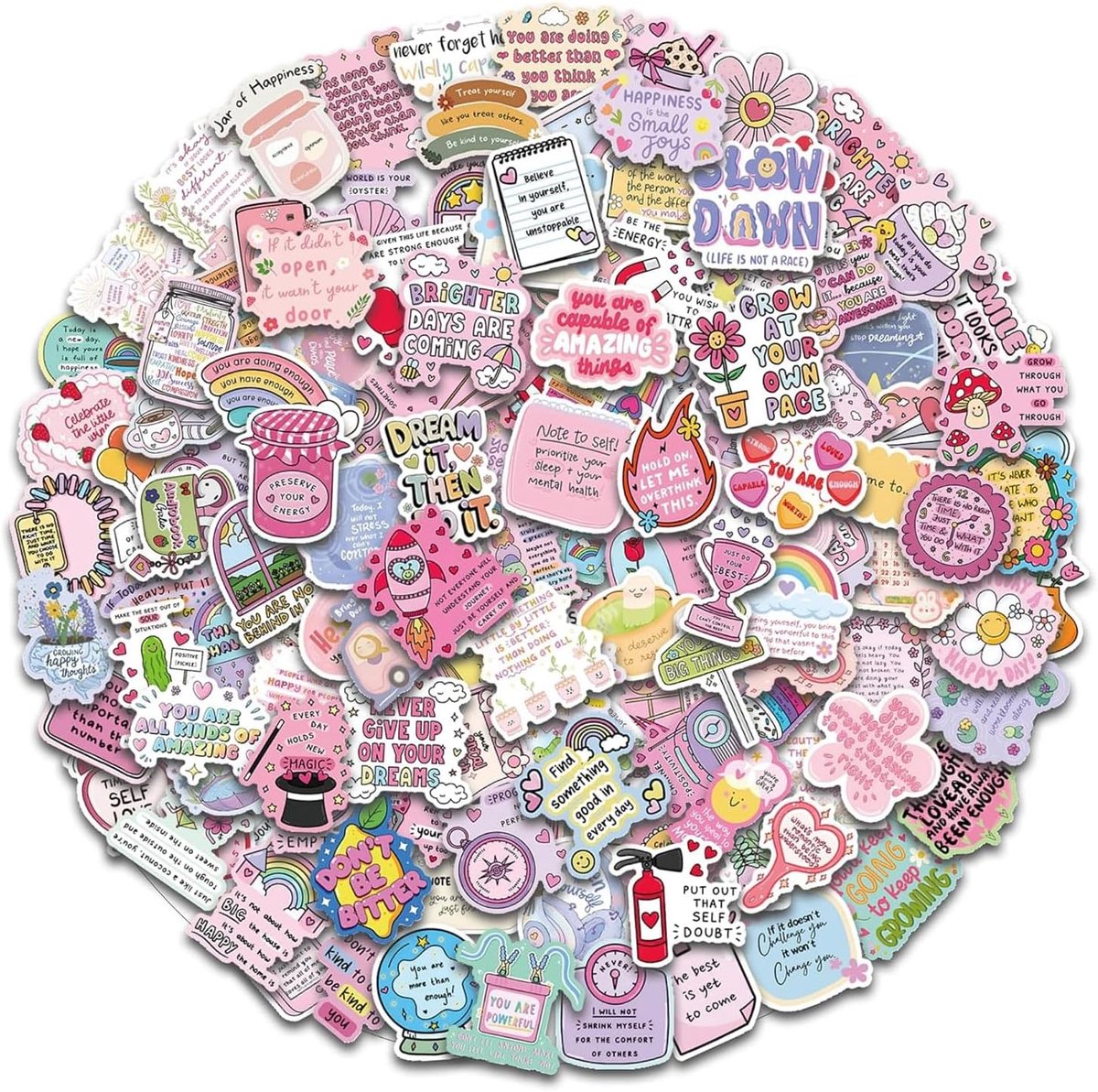 SnelShoppen - 200 Sticker Aesthetic Set, Vinyl Stickers met Grappige Uitspraken, Kleurrijke Decoraties voor Fotoalbum, Journal, Scrapbook, Waterfles,