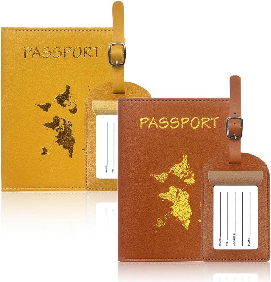SnelShoppen - 4 Passport Protectors & Kofferlabels - Luxe Lederen Paspoort Houder met Waterdichte Luggage Tags - Reisaccessoires voor Honeymoon - Brui