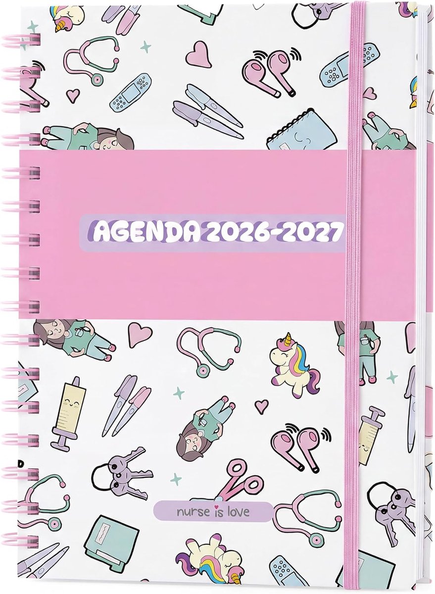 SnelShoppen - Nurse is Love Kalender 2026 2027 voor Verpleegkundigen - 16 Maanden Weekplanner met Lagenplanner en Tabellen - Eenhoorn Ontwerp - Spaans