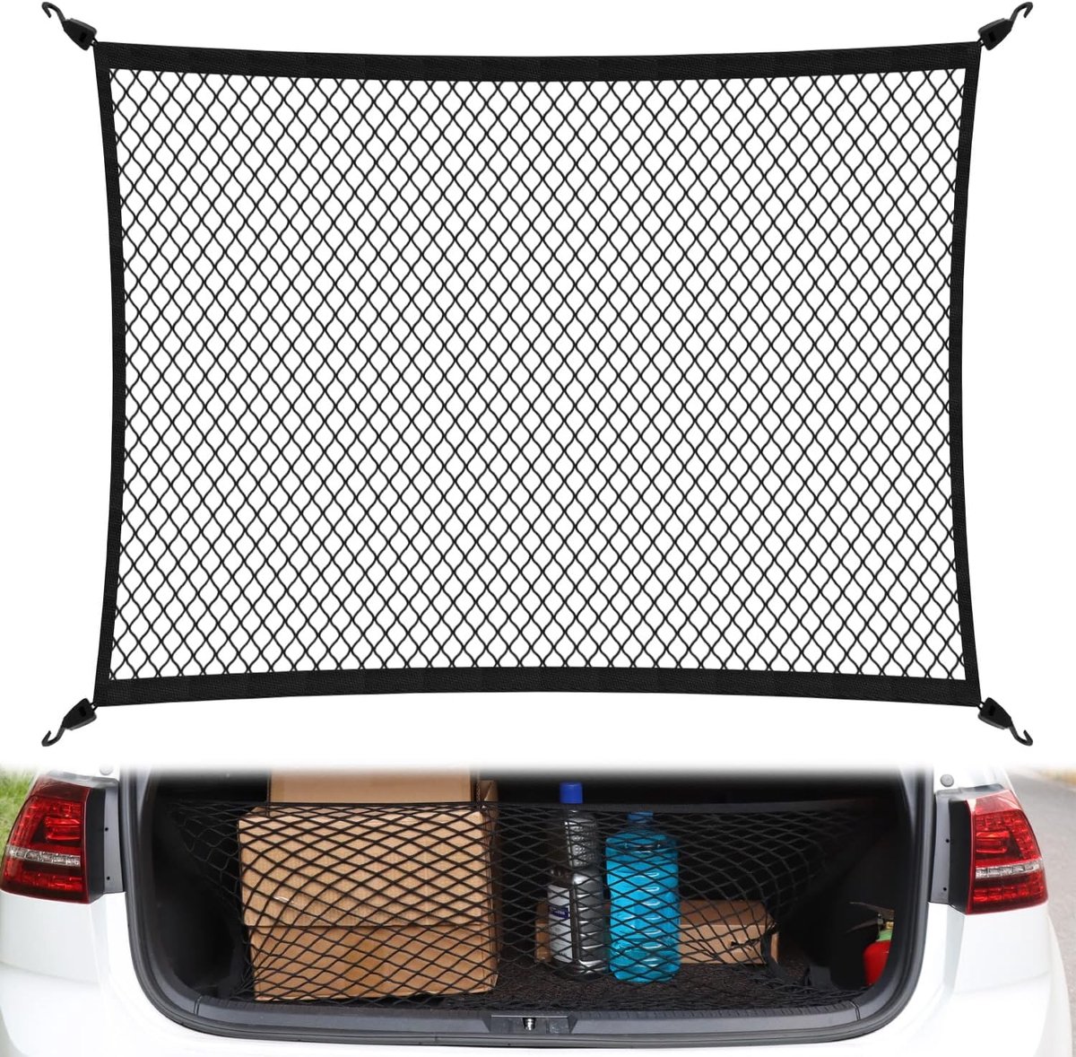 SnelShoppen - Elastic auto bagagenet 80x100 cm tot 140x210 cm, rekbaar nylon net met haken voor lichte lasten, ideaal voor vakanties, camping en dagel