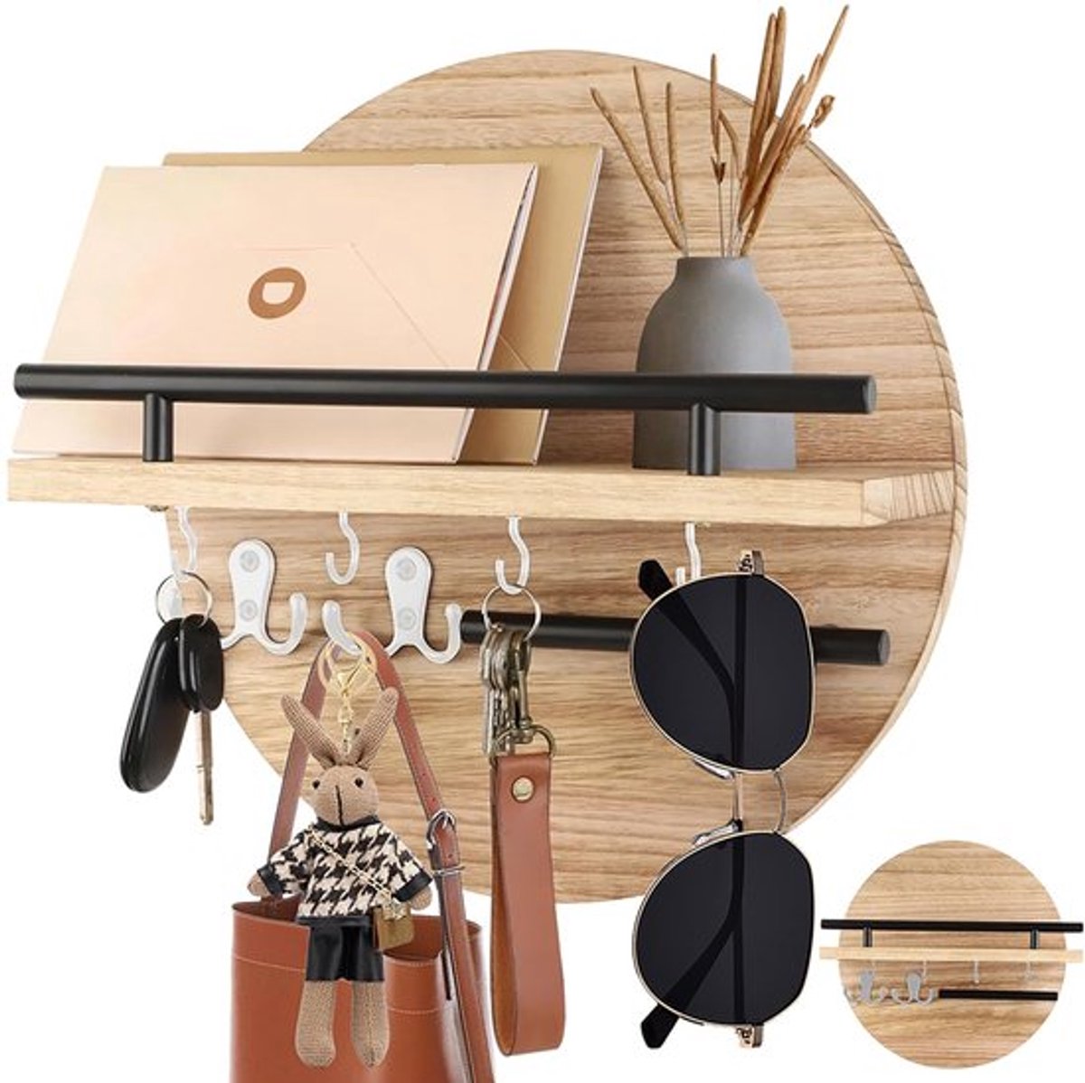 Sleutelrek met opbergruimte - Houten sleutelhouder - Vintage sleutelbord - 30 x 30 x 12,2 cm - Duurzaam materiaal - Geschikt voor woonkamer, keuken, kantoor, gang - Sleutelkast