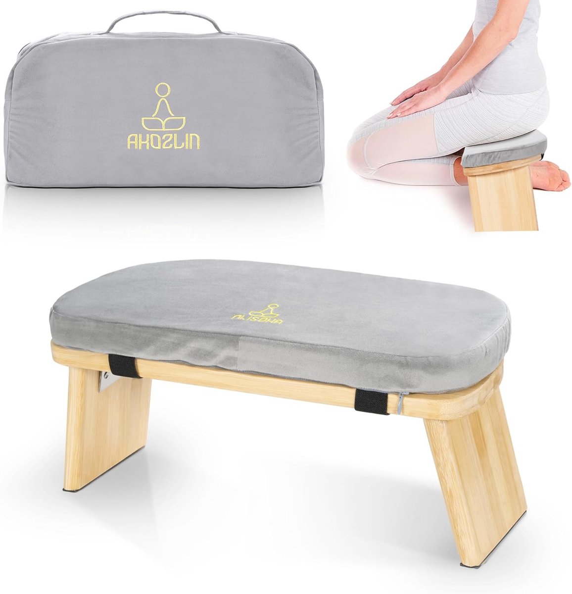 SnelShoppen - Bamboo Vouwbare Meditatiebank Ergonomisch Yoga met Kussen, Draagbaar en Inclusief Tas voor Kniegebed (Grijs)